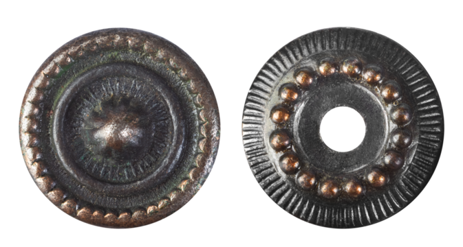 Isolated png photo of antique bronze ornate circle metal elements on transparent background.