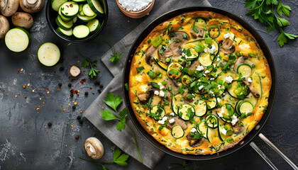 Frittata with mushrooms, zucchini and cheese. Top view