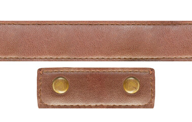 Seamless isolated png photo of brown colored leather straps with brass rivets or buttons on...