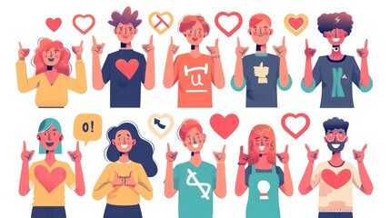 Happy People Pointing Up With Hearts