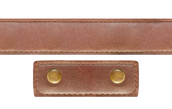 Seamless isolated png photo of brown colored leather straps with brass rivets or buttons on transparent background.