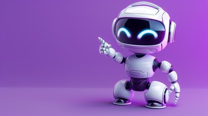 Friendly cartoon robot with pointing hand and winking eye isolated on purple background. Robot for customer support chatbot. Represents the concept of technology and robotic toys.