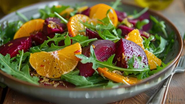 A unique combination of roasted beets oranges and arugula topped with a tangy citrus vinaigrette.