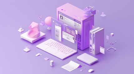 Isometric 3D file processing icon on white in purple pastel background. 3D image in high resolution.