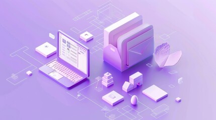Isometric 3D file processing icon on white in purple pastel background. 3D image in high resolution.