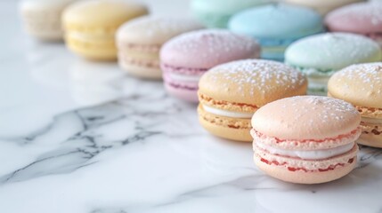Obraz premium Pastel Macarons on a Marble Surface