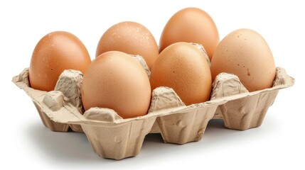 Chicken eggs on cardboard egg box isolated on white background
