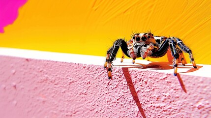 Obraz premium A close-up of a spider on a pink and yellow surface with a pink and yellow wall in the background