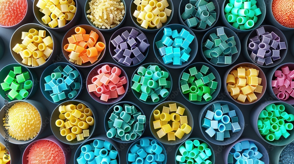 Poster a row of colorful plastic containers brimming with various doughnut flavors sits alongside a creamy 