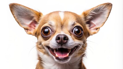 Obraz premium Adorable young chihuahua dog poses with big smile on transparent background, showcasing playful and happy personality with crazy eyes.
