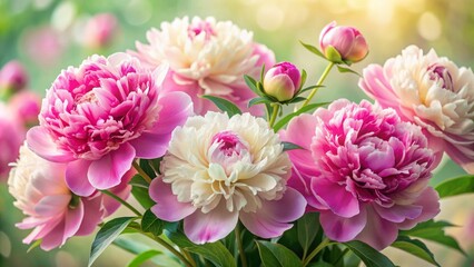Obraz premium Vibrant pink and white peony blooms with delicate, ruffled petals and lush green foliage against a soft, creamy background.