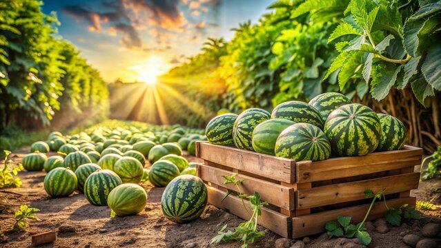 Ripened watermelons lay scattered amidst lush green vines under scorching summer sun, surrounded by rustic wooden crates and worn earthy terrain.
