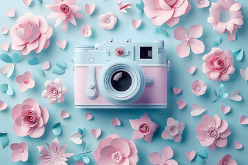 Vector paper cut illustration celebrating World Photography Day, featuring a pastel-toned camera surrounded by delicate flowers and hearts, highlighting the beauty of capturing moments