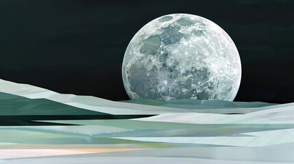   A digital painting depicts the moon atop hilly terrain against a dark sky