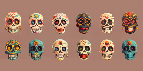 Set de doce calaveras dibujadas en caricatura estilo día de muertos creencias mexicanas
