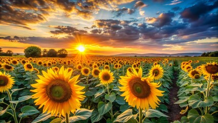 Obraz premium A sunflower field at sunset.