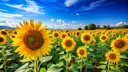 Obraz premium A field of sunflowers under a clear blue sky.
