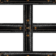 Seamless isolated png photo of leather black colored belt mesh pattern with golden metal rivets and buckles on transparent background.