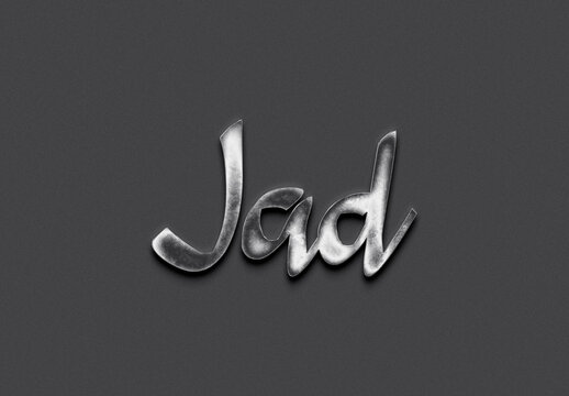 Chrome metal 3D Arabic name design of Jad on grey background.	