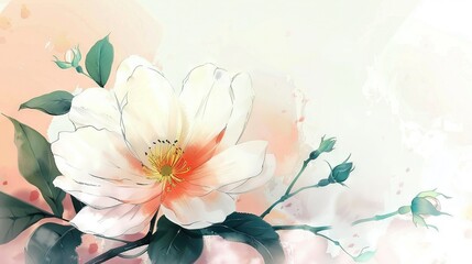   A painting of a white flower on a pink and white background with green leaves