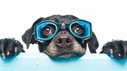 Dog wearing swimming gear peering out from behind banner isolated on white