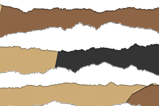 The image is a collage of torn paper with a brown and white background