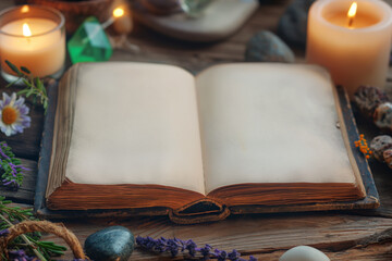 Open Magic Wiccan Book with Blank Pages on Rustic Wooden Table, Surrounded by Candles and Esoteric Items, Spirituality and Witchcraft Concept.