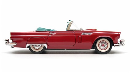 A metalic classic toy car convertible is isolated on a white backdrop.