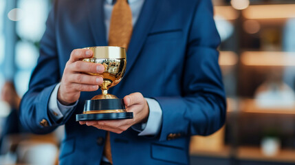 A manager handing out awards for top performers, proud and respectful, left third copy space