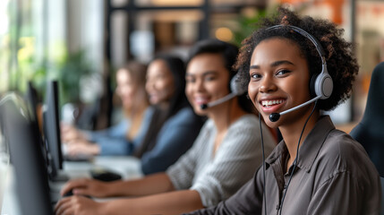 A diverse team of call center agents smiling and working together, inclusive and harmonious, right third copy space