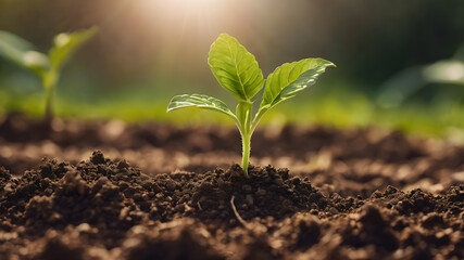 Fototapeta premium Young plant springing up out of the soil. Generative AI