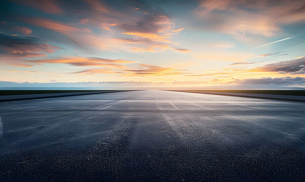 Empty asphalt road and beautiful sky at sunset, panoramic view.&nbsp;