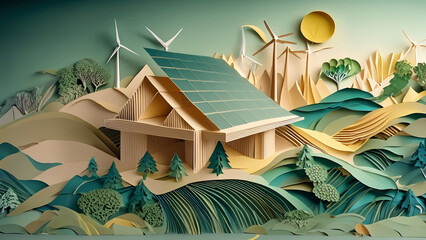 A drawing of a house with a windmill on top and a sun in the background