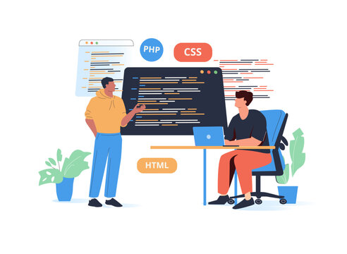 Designing Developing and programming technologies illustration. Programming web banner. Programming languages.