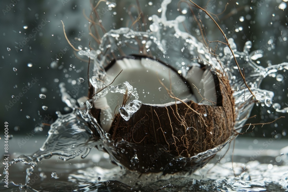Poster dynamic exploding coconut water splash with high impact and vitality on a dark background. motion an
