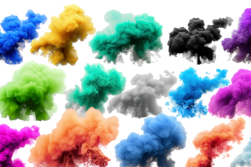 A series of colorful smoke clouds with a variety of colors including green, blue