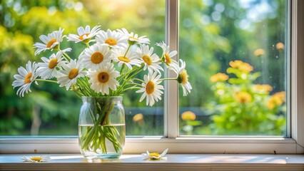 A vase of daisies on a windowsill.