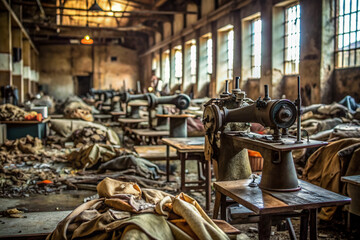 Abandoned sewing machines surround stacks of worn fabric scraps in a dimly lit, rundown factory, hinting at the despair and exploitation of child labor.