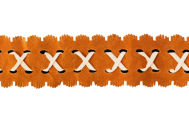 Seamless isolated png photo of brown colored suede stitched ornate strap on transparent background.