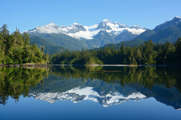 Beautiful mountain lake reflecting snow-capped mountain isolated on transparent background
