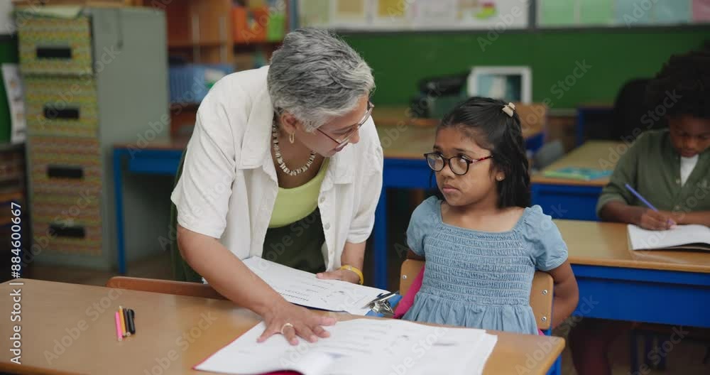 Poster woman, child and helping with paper in classroom, support and teaching reading for education knowled
