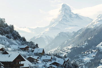 Serene mountain village nestled among snow-capped peaks isolated on transparent background