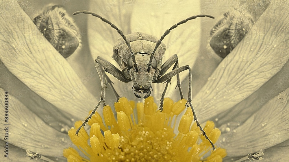 Poster a close-up of a flower with a bug on its backside and wings on its backside