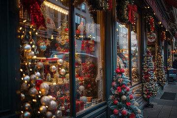 Christmas Storefront Display with Festive Decorations and Lights on Snowy Street