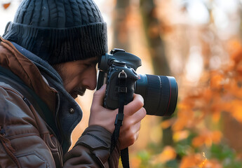 Fototapeta premium Photographer holding camera outdoors