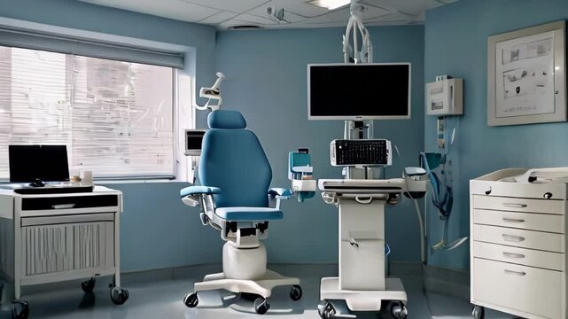 high-tech dental clinic room featuring a dental chair, overhead light, and multiple monitors displaying dental images