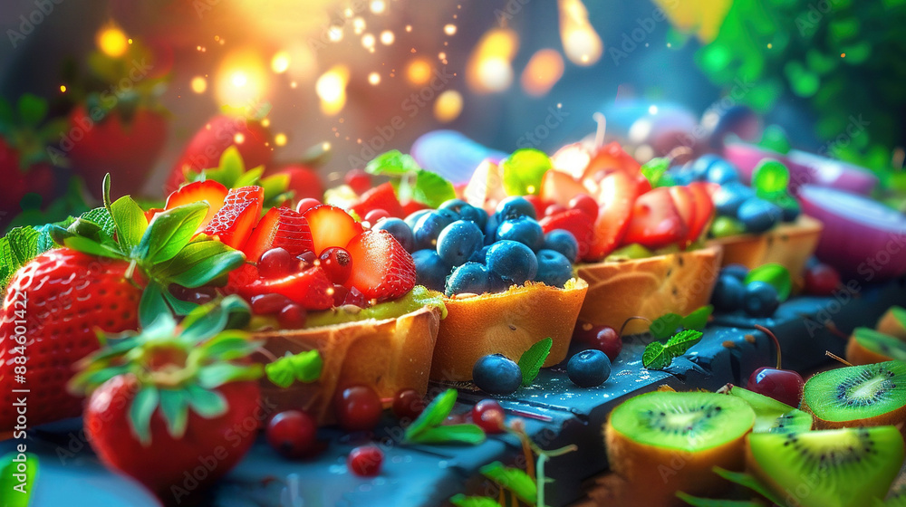 Poster a sharp image of several fruits on a clear table with soft background light