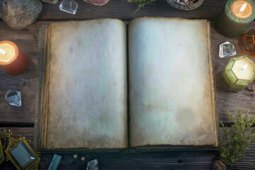 Open Magic Wiccan Book with Blank Pages on Wooden Table, Surrounded by Candles and Esoteric Items, Spirituality and Witchcraft Concept