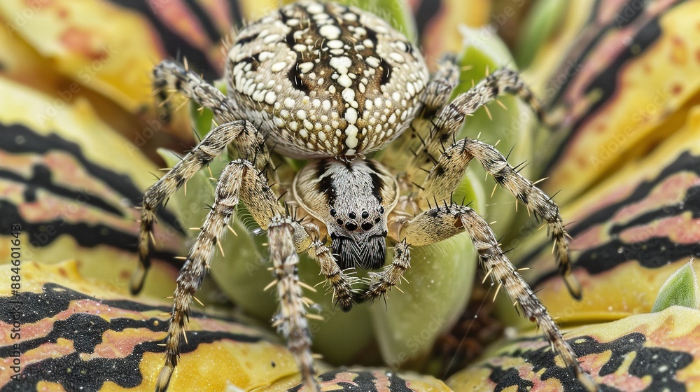 Poster a close-up of a spider on a flower with a spider on its back legs and another on its back end