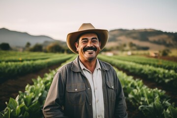Portrait of a middle aged Hispanic male farmer on field